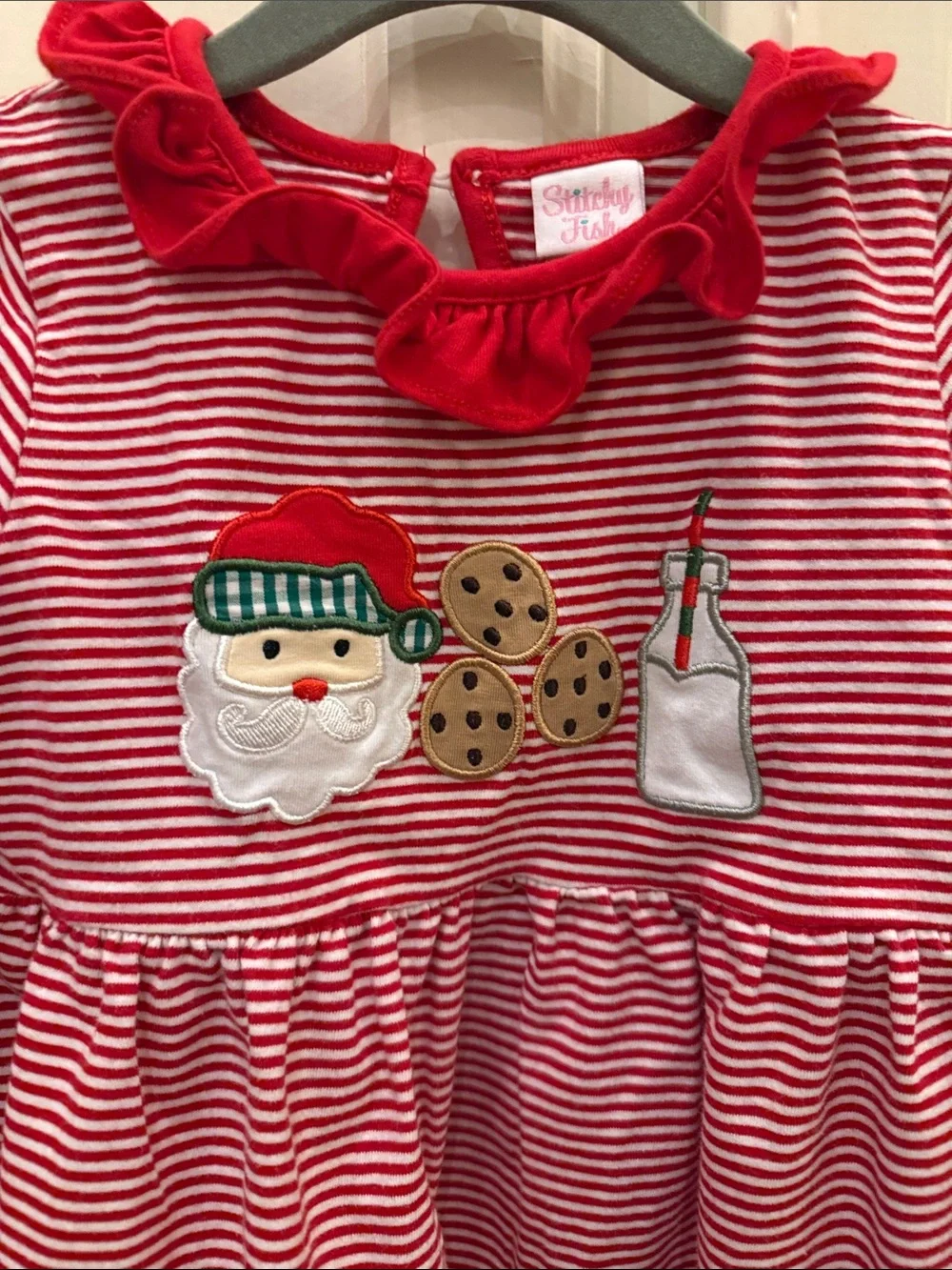 Stitchy Fish Red Striped Christmas Knit Dress with Santa & Cookies Appliqué